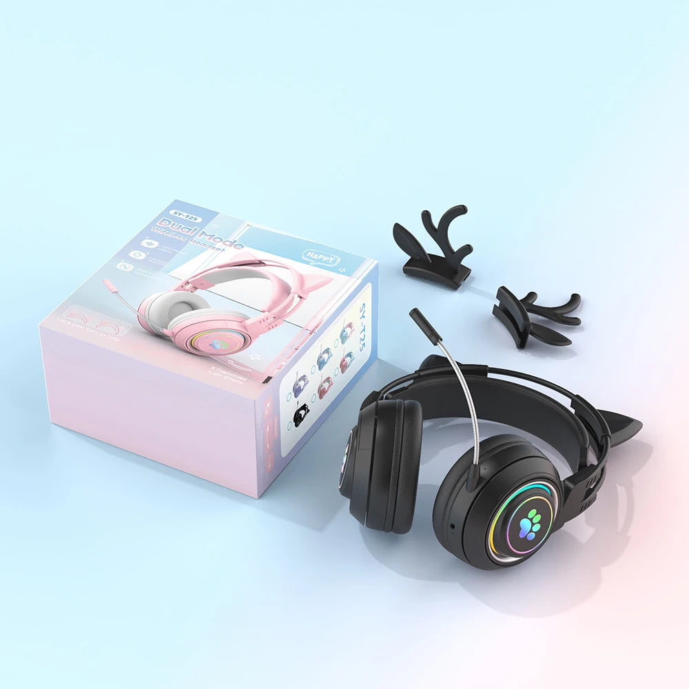 Bluetooth Headphones RGB Gaming Headphones for PC Microphone Surround Sound with Deer Ear Cat Ear Girl Gifts Glow Light Stereo