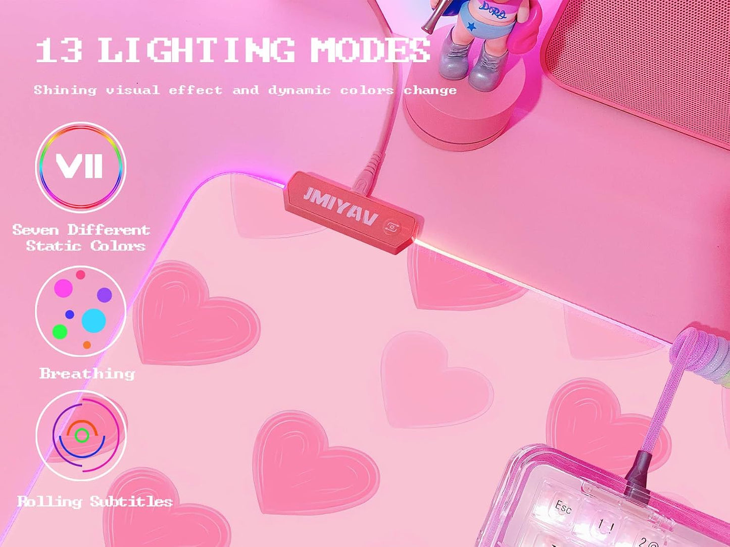 Pink Love Heart RGB Gaming Mouse Pad 31.5X12 Inch Cute Mousepad PC XL Large Extended Glowing Led Light up Desk Pad Non-Slip Rubber Base Computer Mat Desk Accessories Gaming Setup Sweet Hearts