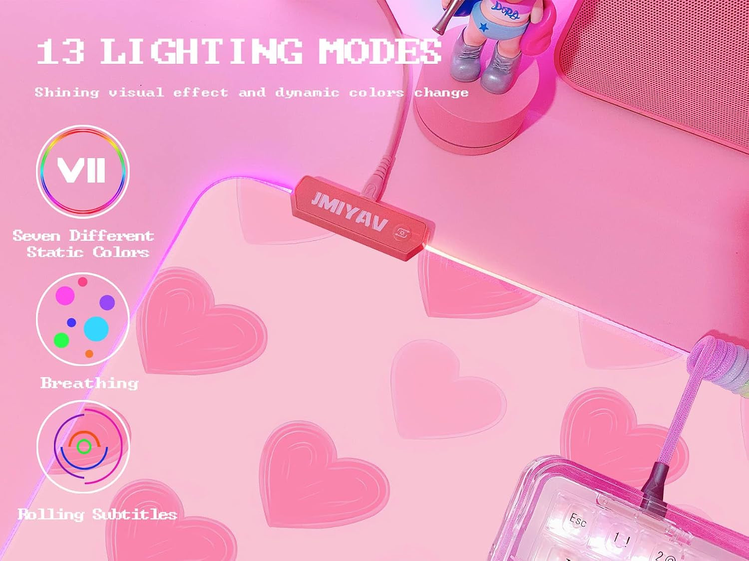 Pink Love Heart RGB Gaming Mouse Pad 31.5X12 Inch Cute Mousepad PC XL Large Extended Glowing Led Light up Desk Pad Non-Slip Rubber Base Computer Mat Desk Accessories Gaming Setup Sweet Hearts
