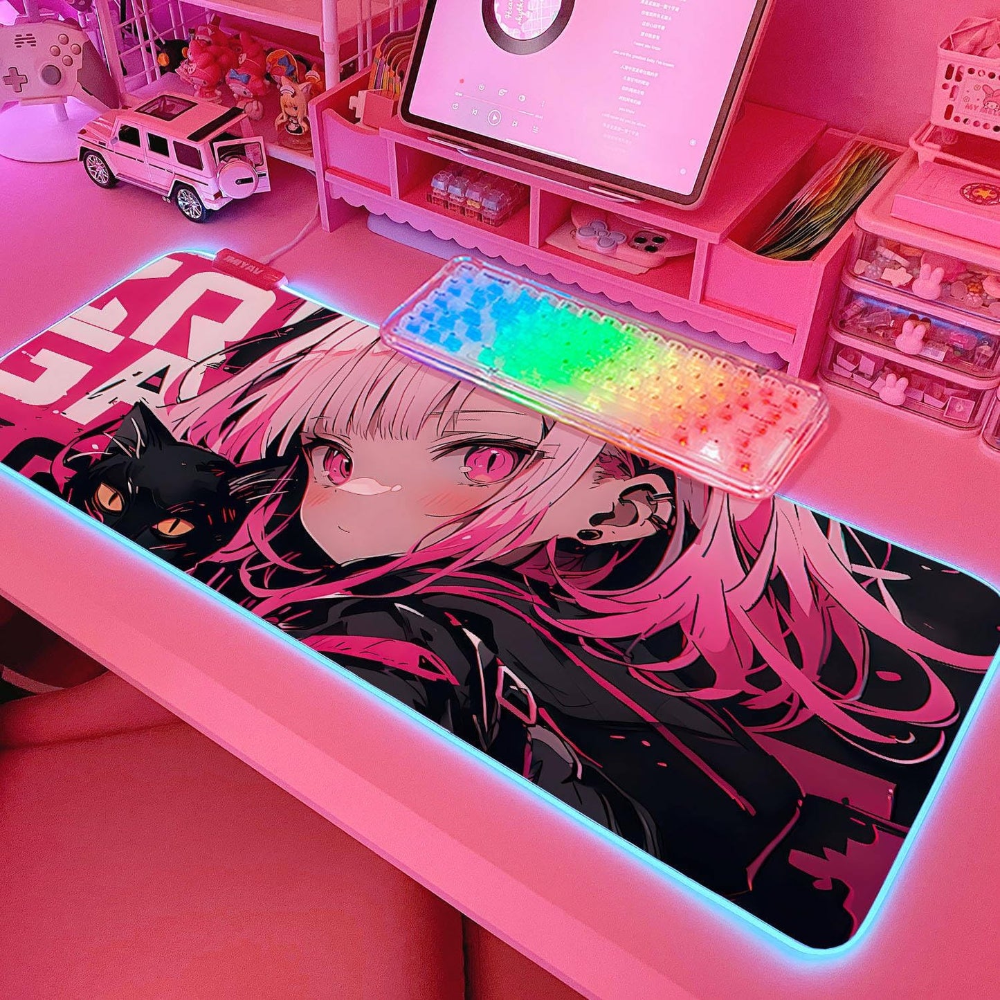 Pink RGB Gaming Mouse Pad 31.5X12 Inch PC XL Large Extended Glowing Led Light up Desk Pad Non-Slip Rubber Base Computer Cute Mousepad Mat Desk Accessories Gaming Setup Sweet Girl