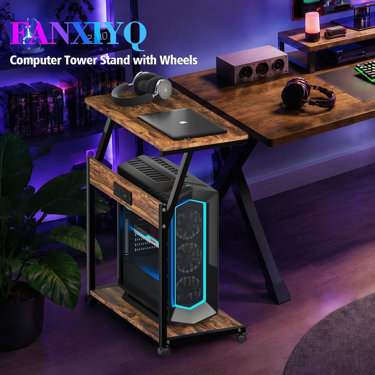 Computer Tower Stand with Charging Station, PC Cart, Rustic Brown
