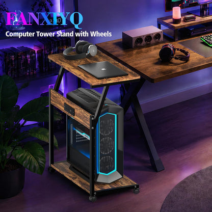 Computer Tower Stand with Charging Station, PC Cart, Rustic Brown