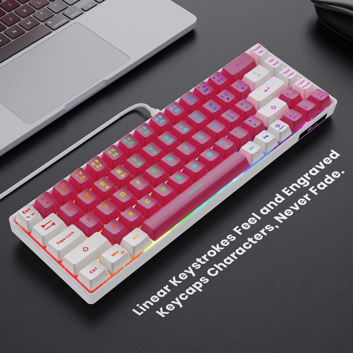 65% Gaming Keyboard, LED Backlit Mini Wired Keyboard, Ultra-Compact Anti-Ghosting No-Conflict 68 Keys Membrane Gaming Wired Keyboard for PC Laptop Windows Gamer(Pink-White)