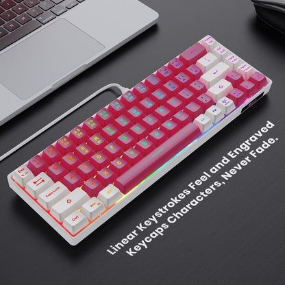 65% Gaming Keyboard, LED Backlit Mini Wired Keyboard, Ultra-Compact Anti-Ghosting No-Conflict 68 Keys Membrane Gaming Wired Keyboard for PC Laptop Windows Gamer(Pink-White)