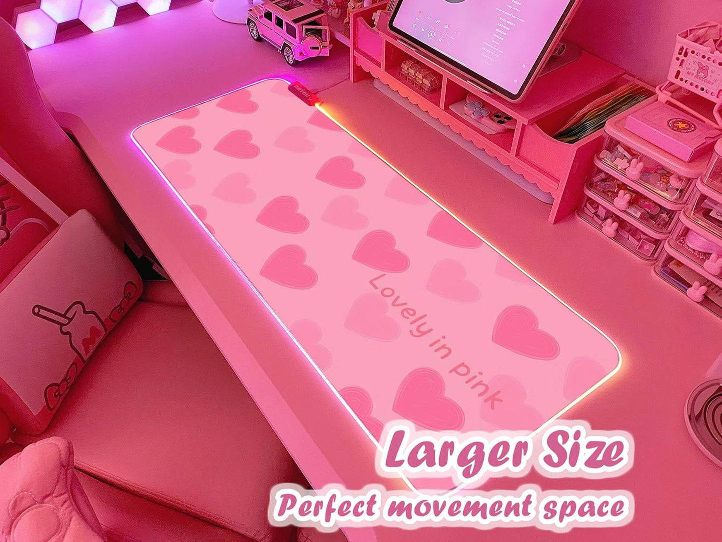 Pink Love Heart RGB Gaming Mouse Pad 31.5X12 Inch Cute Mousepad PC XL Large Extended Glowing Led Light up Desk Pad Non-Slip Rubber Base Computer Mat Desk Accessories Gaming Setup Sweet Hearts