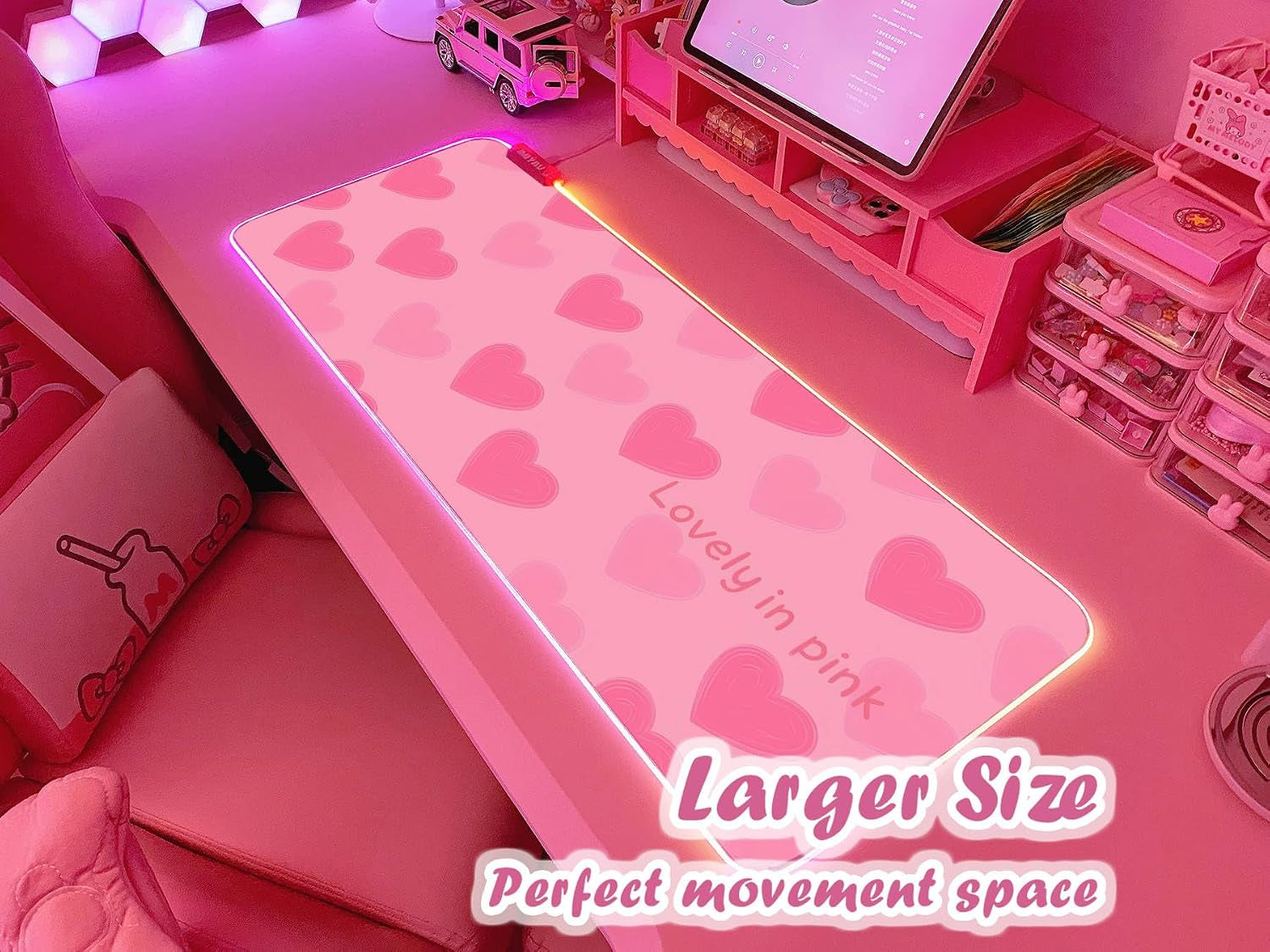Pink Love Heart RGB Gaming Mouse Pad 31.5X12 Inch Cute Mousepad PC XL Large Extended Glowing Led Light up Desk Pad Non-Slip Rubber Base Computer Mat Desk Accessories Gaming Setup Sweet Hearts