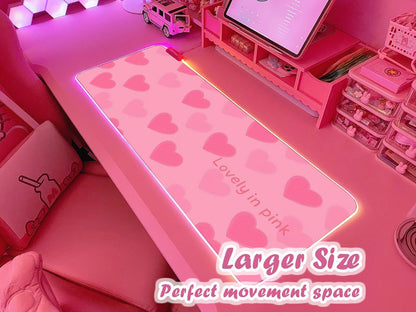 Pink Love Heart RGB Gaming Mouse Pad 31.5X12 Inch Cute Mousepad PC XL Large Extended Glowing Led Light up Desk Pad Non-Slip Rubber Base Computer Mat Desk Accessories Gaming Setup Sweet Hearts
