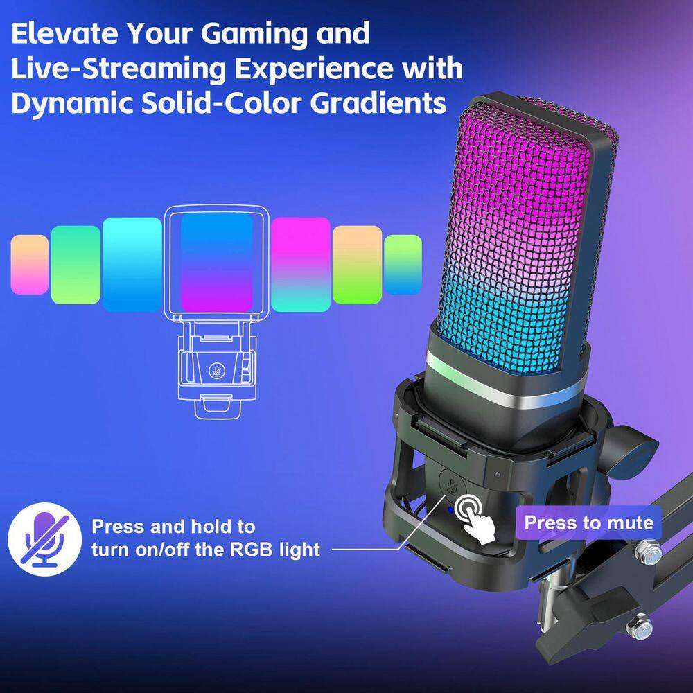 USB Gaming Microphone Condenser Mic with RGB Boom Arm Pop Filter for Streaming Podcast in Black 1-Piece