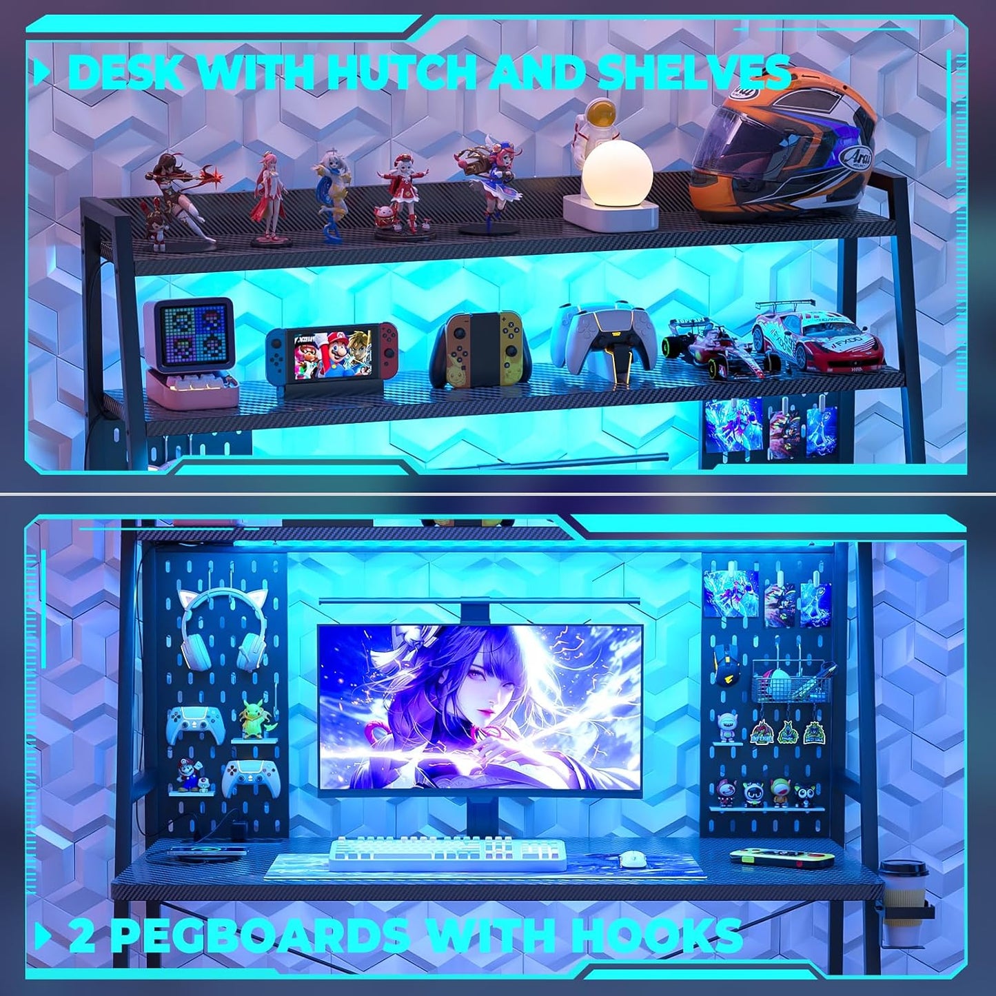 Small Gaming Desk with Hutch and LED Lights, Gaming Computer Desk with Power Outlets, Gamer Desk with Storage Shelves, Game Desks with Pegboards for Bedroom Small Spaces, Black, 43"