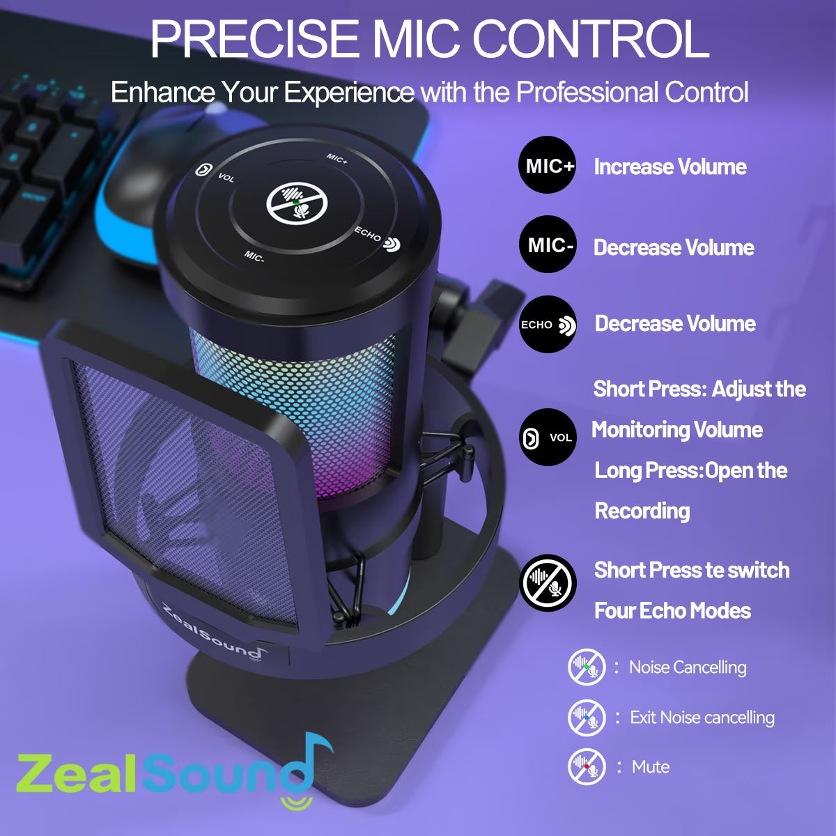 Gaming USB Microphone with RGB Light, Noise Cancelling, Echo and Mute Control, Plug & Play Condenser Mic for PC, Streaming, Podcast, and Recording on Mac & Window