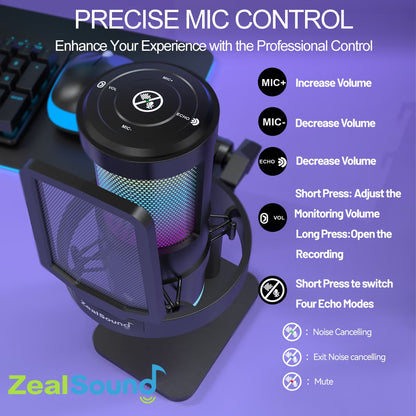 Gaming USB Microphone with RGB Light, Noise Cancelling, Echo and Mute Control, Plug & Play Condenser Mic for PC, Streaming, Podcast, and Recording on Mac & Window