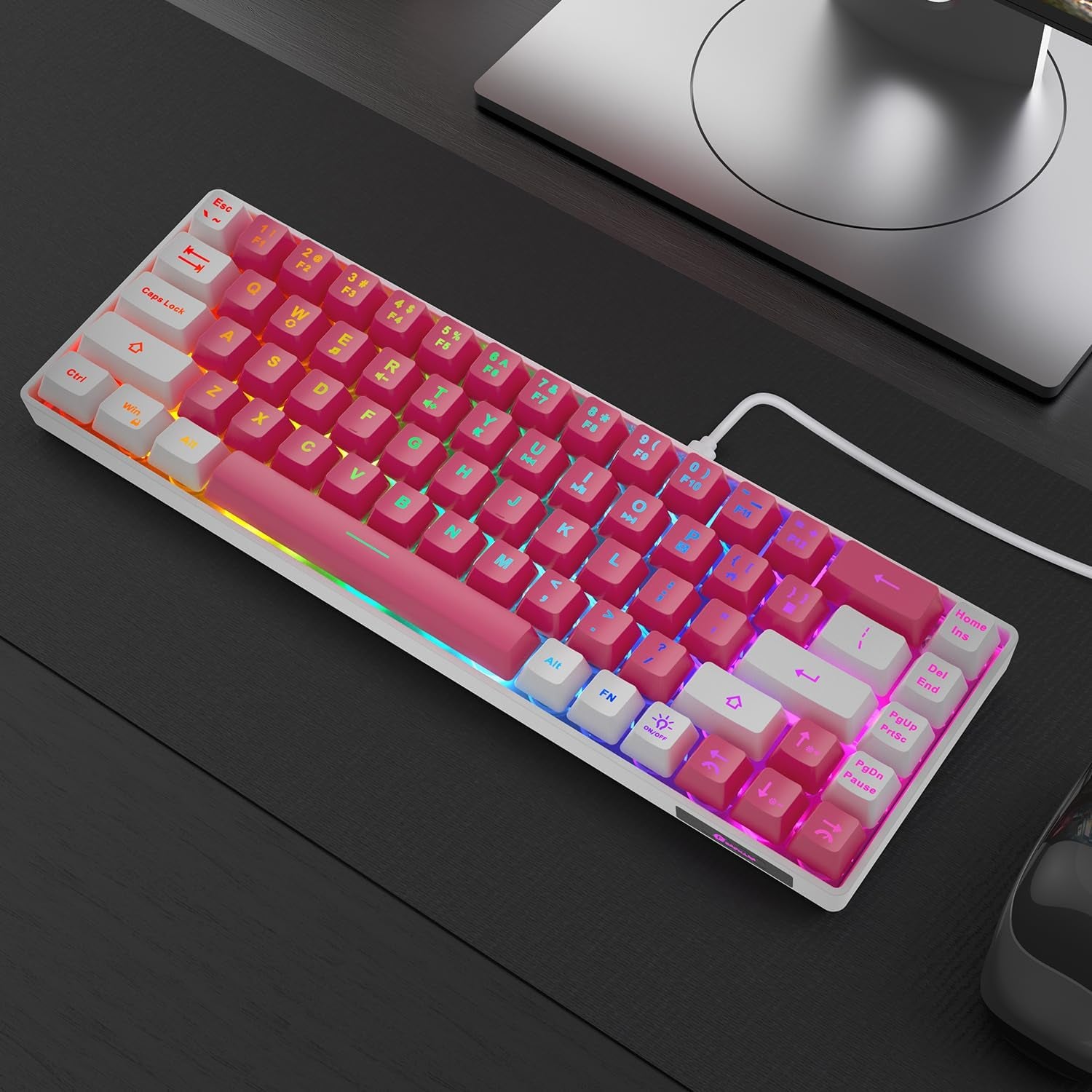 65% Gaming Keyboard, LED Backlit Mini Wired Keyboard, Ultra-Compact Anti-Ghosting No-Conflict 68 Keys Membrane Gaming Wired Keyboard for PC Laptop Windows Gamer(Pink-White)