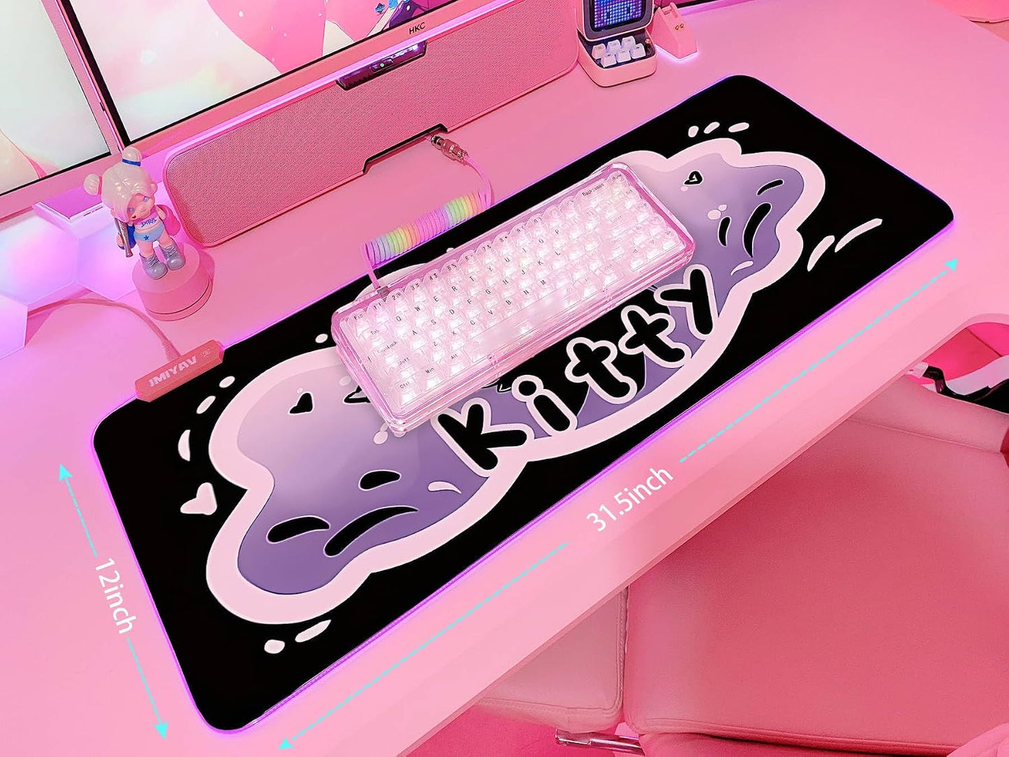 Pink RGB Gaming Mouse Pad 31.5X12 Inch PC XL Large Extended Glowing Led Light up Desk Pad Non-Slip Rubber Base Computer Cute Mousepad Mat Desk Accessories Gaming Setup Krazy Kitty