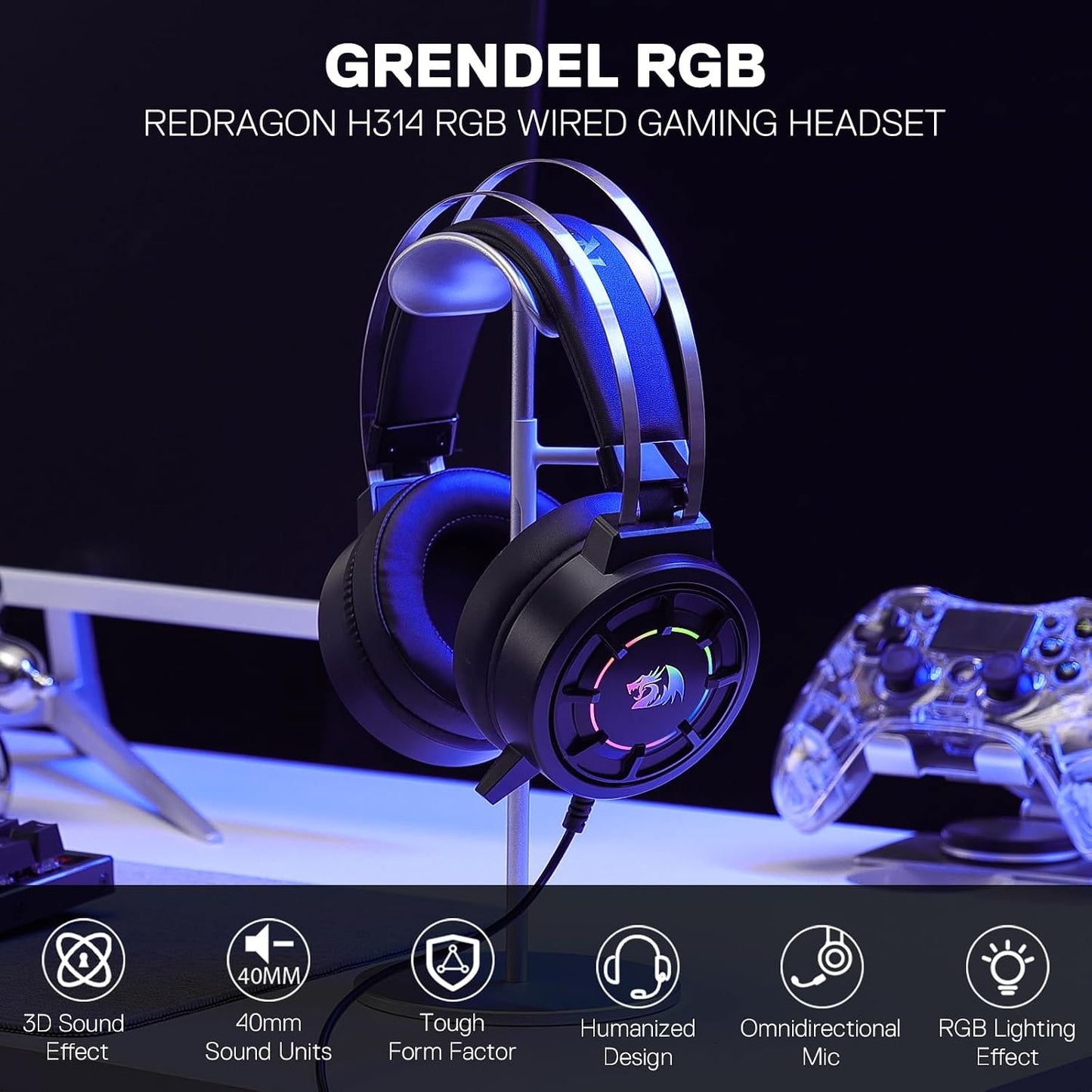 H314 RGB Gaming Headset - Wired Computer Headset with 40Mm Drivers, USB Connection, Lightweight Design, and Soft PU Leather Ear Cushions for Ultimate Comfort