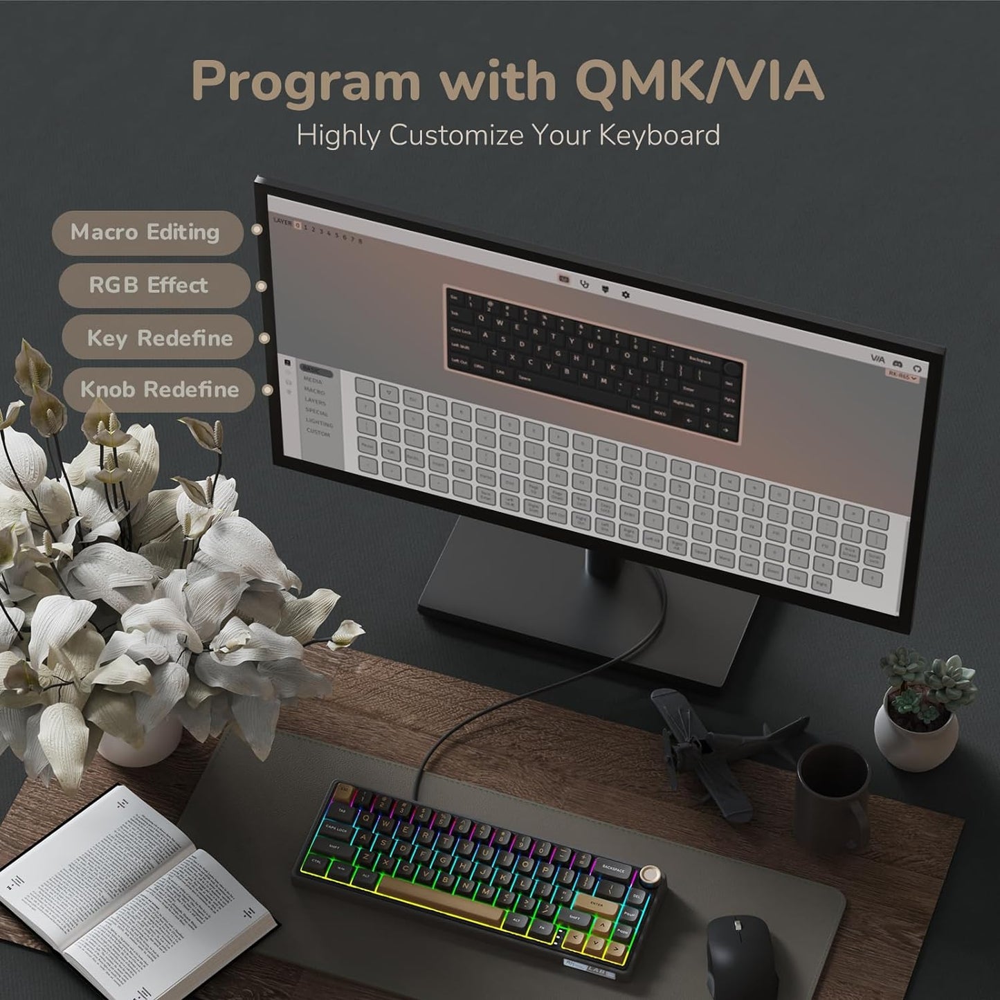 R65 Wired Gaming Keyboard with Volume Knob, 60% Percent RGB Backlit Mechanical Keyboard Gasket Mount with PBT Keycaps, MDA Profile, QMK/VIA, 66 Keys Hot Swappable Cream Switch, Black