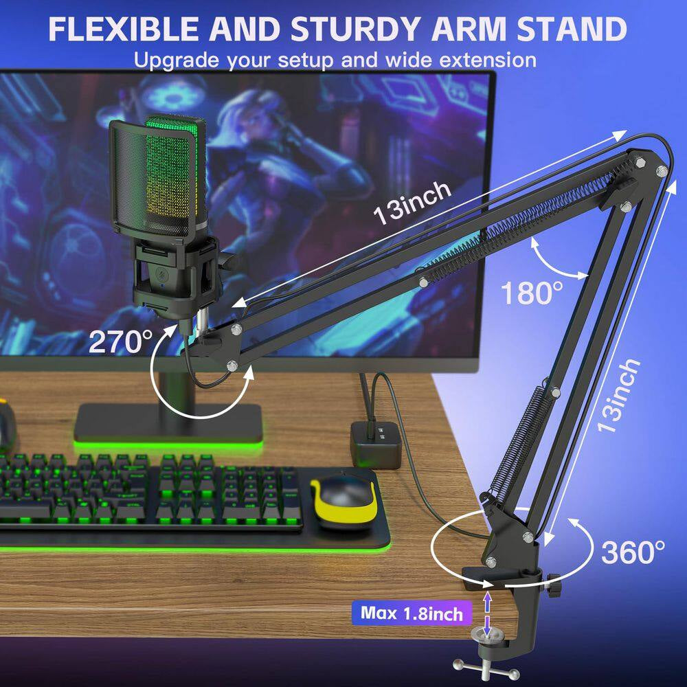 USB Gaming Microphone Condenser Mic with RGB Boom Arm Pop Filter for Streaming Podcast in Black 1-Piece