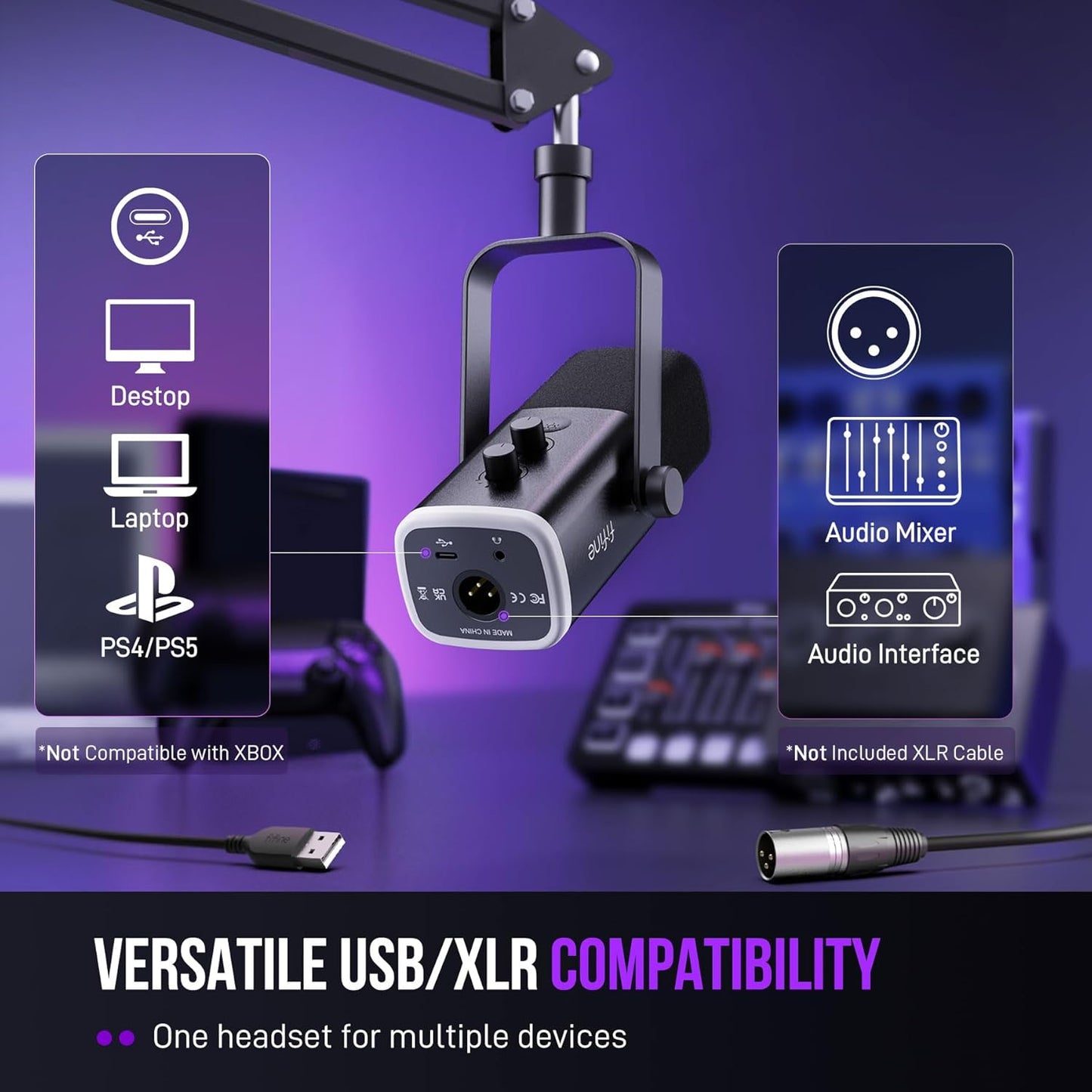 Gaming Microphone Bundle with RGB Audio Mixer, XLR Cable, Podcast Equipment Set for Streaming, Vocal, Voice-Over, Compatible with PC with Mute, Gain Knob, Headphones Monitor (AM8T+SC3W+L9)