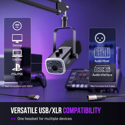 Gaming Microphone Bundle with RGB Audio Mixer, XLR Cable, Podcast Equipment Set for Streaming, Vocal, Voice-Over, Compatible with PC with Mute, Gain Knob, Headphones Monitor (AM8T+SC3W+L9)