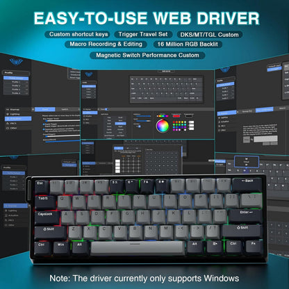 WIN60 HE 61-Key Wired Hall Effect Magnetic 60% Gaming Keyboard, RGB, Instant Commands, 60% Compact Design, Near-Zero Delay, Custom Actuation, Rapid Response - Grey/Black