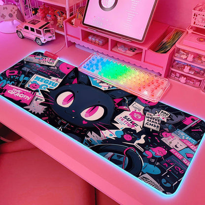 Pink RGB Gaming Mouse Pad 31.5X12 Inch PC XL Large Extended Glowing Led Light up Desk Pad Non-Slip Rubber Base Computer Cute Mousepad Mat Desk Accessories Gaming Setup Cyber Meow