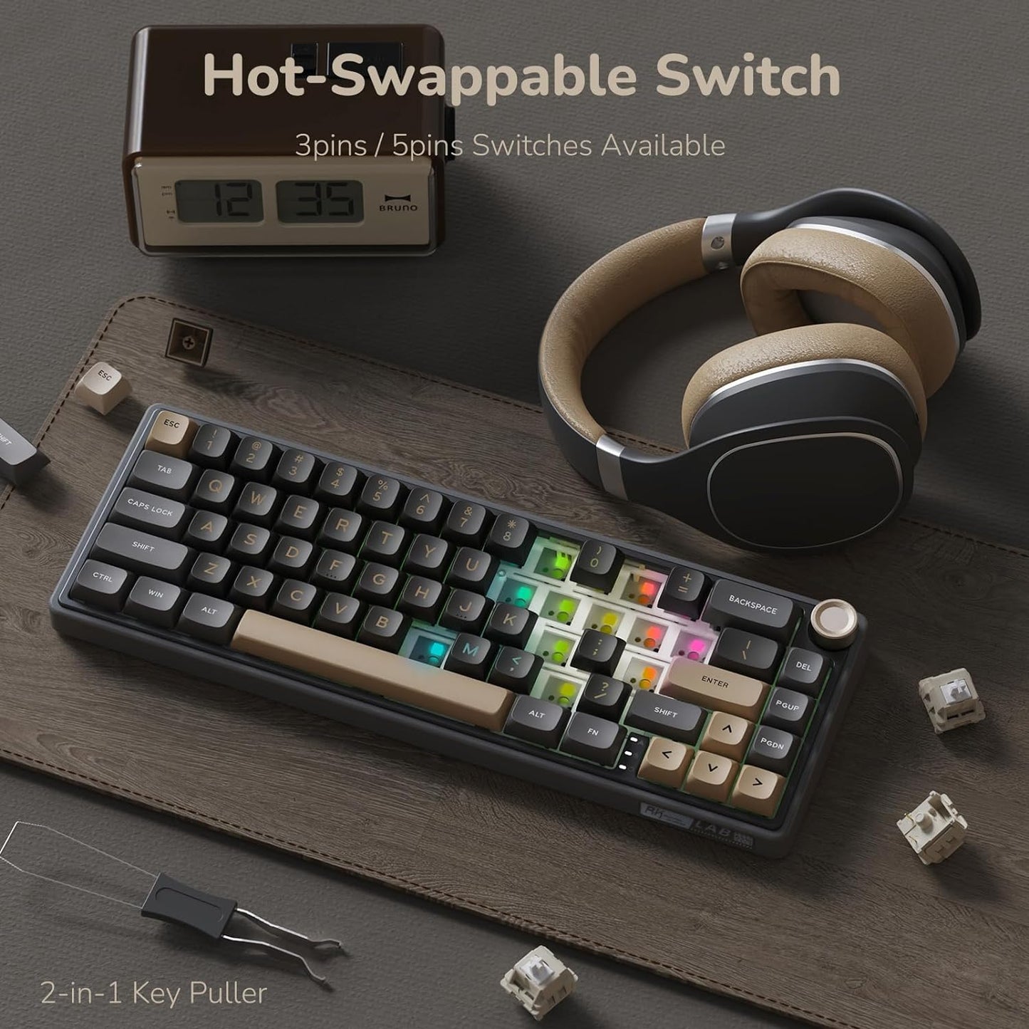 R65 Wired Gaming Keyboard with Volume Knob, 60% Percent RGB Backlit Mechanical Keyboard Gasket Mount with PBT Keycaps, MDA Profile, QMK/VIA, 66 Keys Hot Swappable Cream Switch, Black