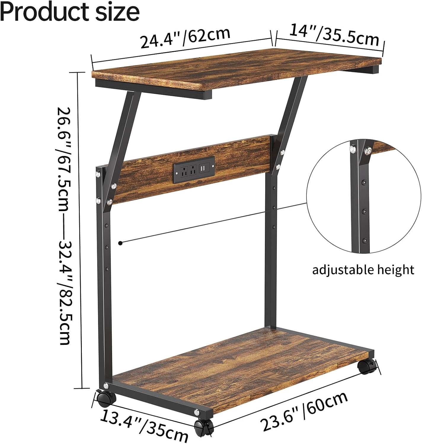 Computer Tower Stand with Charging Station, PC Cart, Rustic Brown