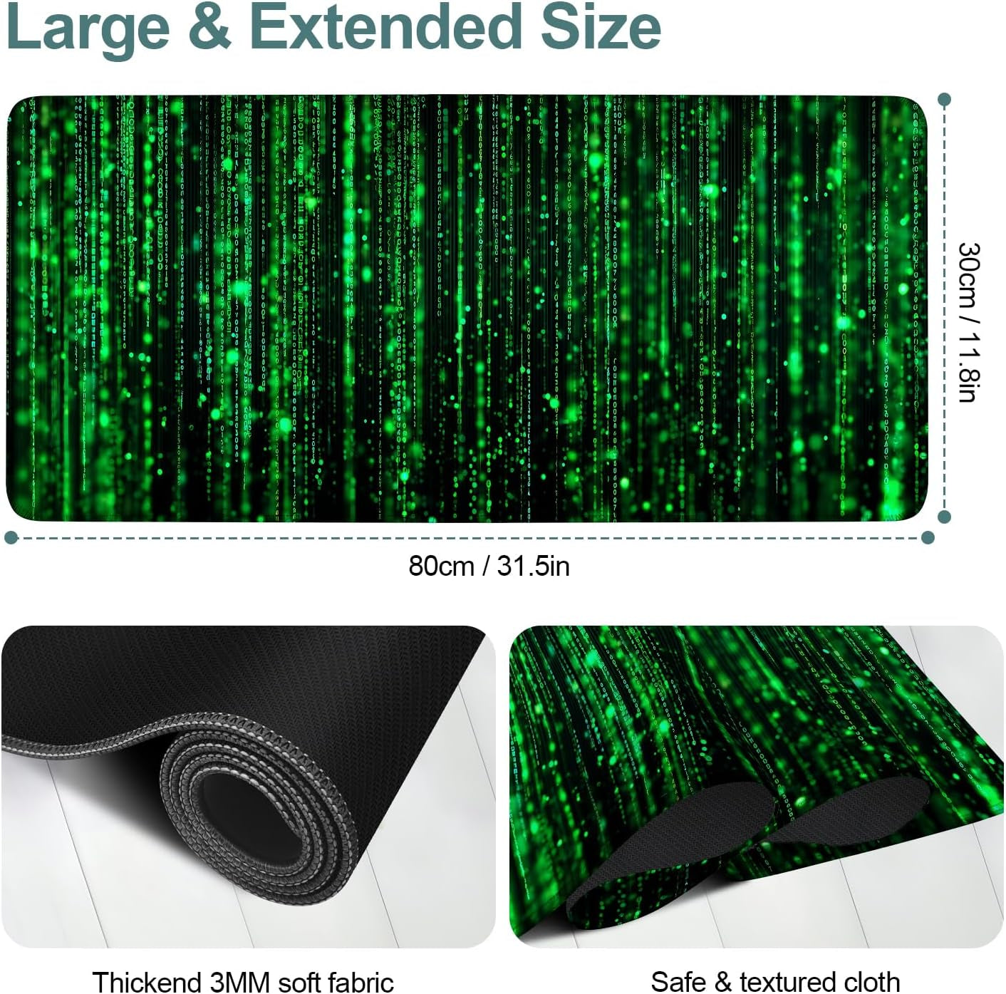 Matrix Code Extended Gaming Mouse Pad 31.5"X11.8" Mousepad, Large Desk Pad Desk Mat for Gaming & Office, Non-Slip Rubber Base
