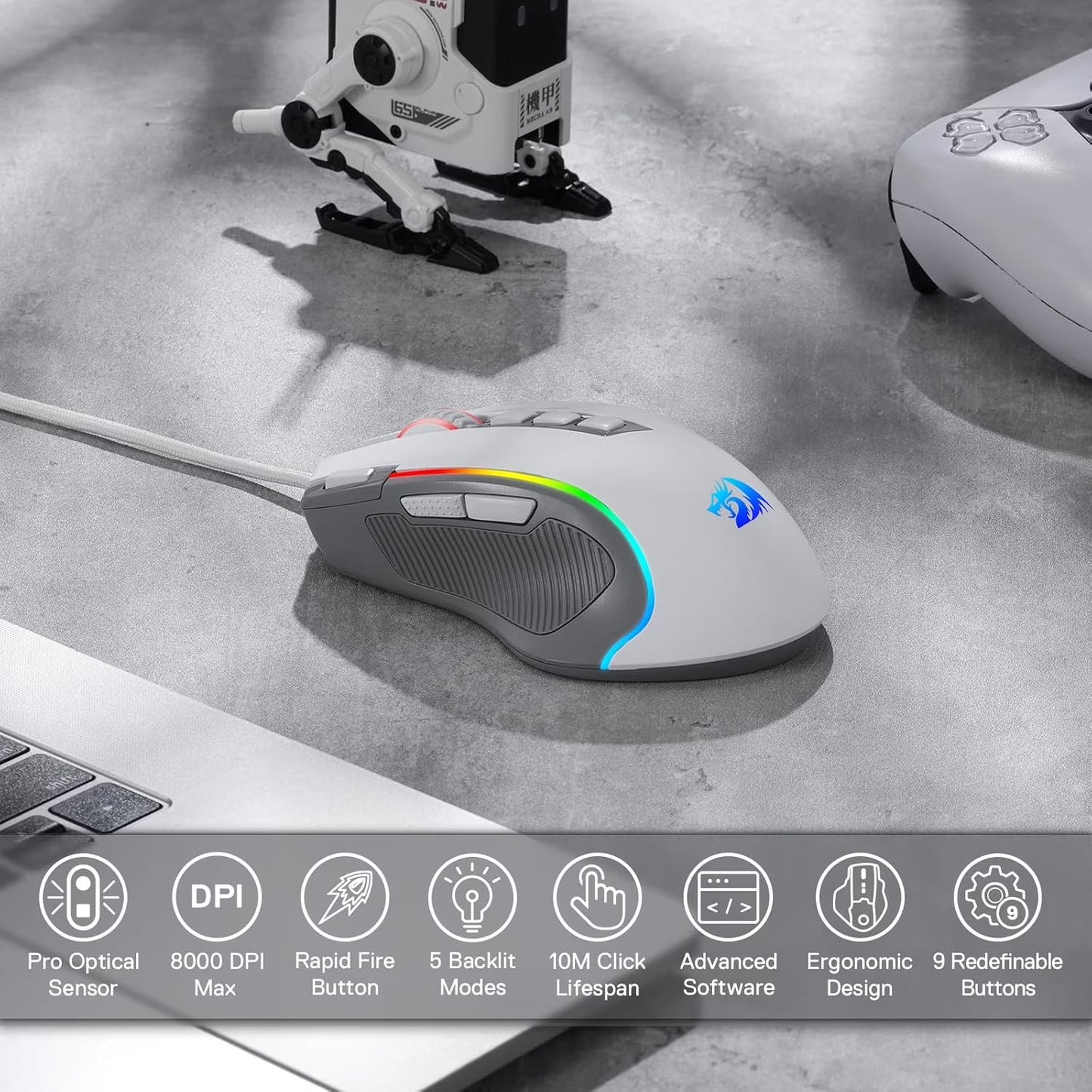 M612 RGB Gaming Mouse, 8000 DPI Wired Optical Gamer Mouse with 9 Programmable Buttons & 5 Backlit Modes, Software Supports DIY Keybinds Rapid Fire Button, Gray&White