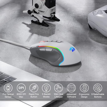 M612 RGB Gaming Mouse, 8000 DPI Wired Optical Gamer Mouse with 9 Programmable Buttons & 5 Backlit Modes, Software Supports DIY Keybinds Rapid Fire Button, Gray&White