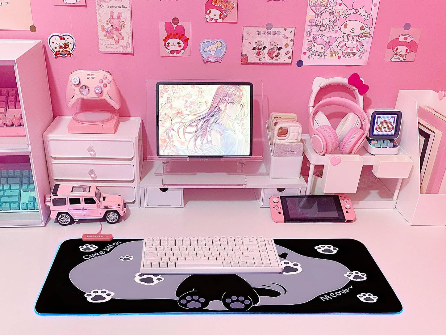 Pink RGB Gaming Mouse Pad 31.5X12 Inch PC XL Large Extended Glowing Led Light up Desk Pad Non-Slip Rubber Base Computer Cute Mousepad Mat Desk Accessories Gaming Setup Starry Mood