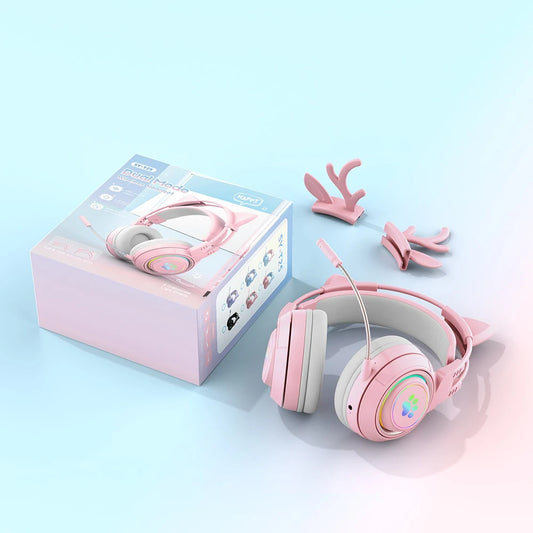 Bluetooth Headphones RGB Gaming Headphones for PC Microphone Surround Sound with Deer Ear Cat Ear Girl Gifts Glow Light Stereo