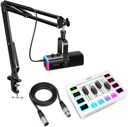 Gaming Microphone Bundle with RGB Audio Mixer, XLR Cable, Podcast Equipment Set for Streaming, Vocal, Voice-Over, Compatible with PC with Mute, Gain Knob, Headphones Monitor (AM8T+SC3W+L9)