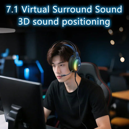 Gaming Headphones with Mic 7.1 Stereo Virtual Surround LED Light Bass Earphone Headsets Gamer for Computer PC Gamer OHW303