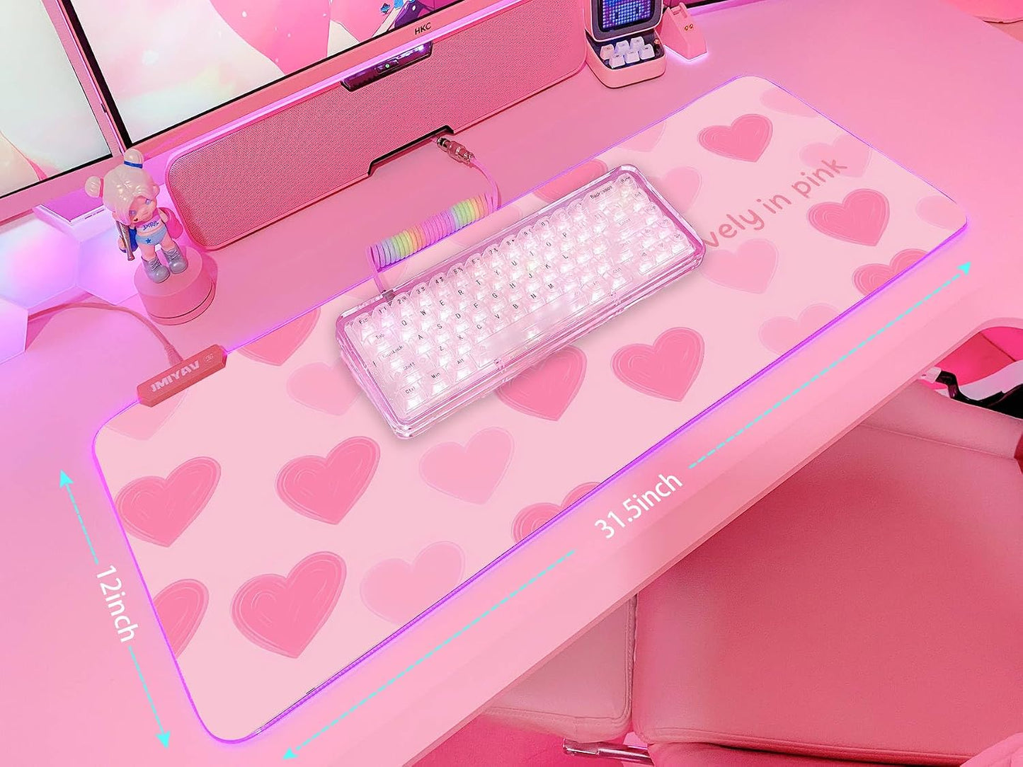 Pink Love Heart RGB Gaming Mouse Pad 31.5X12 Inch Cute Mousepad PC XL Large Extended Glowing Led Light up Desk Pad Non-Slip Rubber Base Computer Mat Desk Accessories Gaming Setup Sweet Hearts