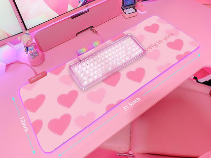 Pink Love Heart RGB Gaming Mouse Pad 31.5X12 Inch Cute Mousepad PC XL Large Extended Glowing Led Light up Desk Pad Non-Slip Rubber Base Computer Mat Desk Accessories Gaming Setup Sweet Hearts
