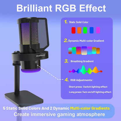 Gaming USB Microphone with RGB Light, Noise Cancelling, Echo and Mute Control, Plug & Play Condenser Mic for PC, Streaming, Podcast, and Recording on Mac & Window