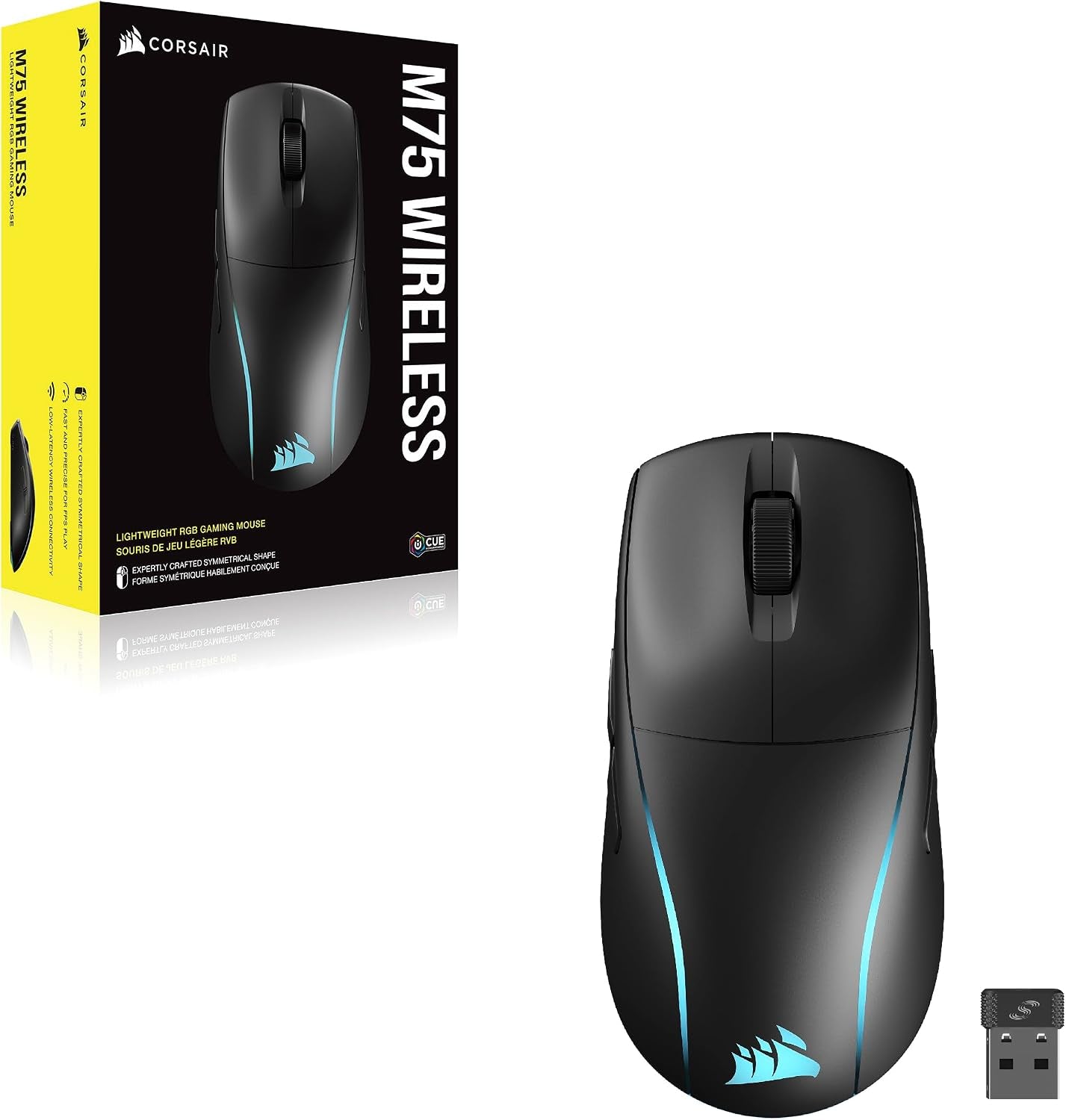 Corsair M75 Wireless RGB Lightweight FPS Gaming Mouse – 26,000 DPI – Swappable Side Buttons – Icue Compatible – PC – Black