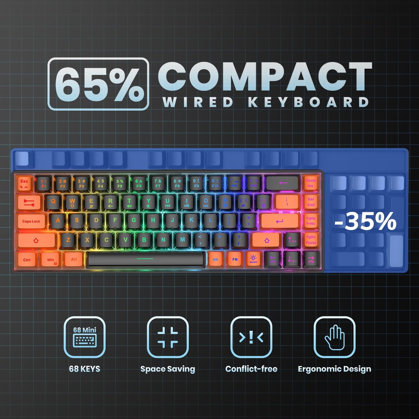 65% Gaming Keyboard, LED Backlit Mini Wired Keyboard, Ultra-Compact Anti-Ghosting No-Conflict 68 Keys Membrane Gaming Wired Keyboard for PC Laptop Windows Gamer(Black-Orange)