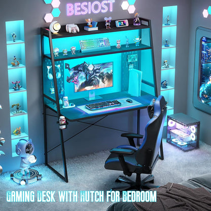 Small Gaming Desk with Hutch and LED Lights, Gaming Computer Desk with Power Outlets, Gamer Desk with Storage Shelves, Game Desks with Pegboards for Bedroom Small Spaces, Black, 43"