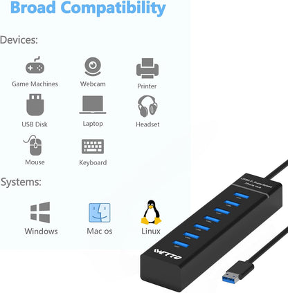 7-Port USB 3.0 Hub,  Data USB Hub Splitter with 3.3Ft Long Cable for Laptop, PC, Macbook, Mac Pro, Mac Mini, Imac, Surface Pro and More